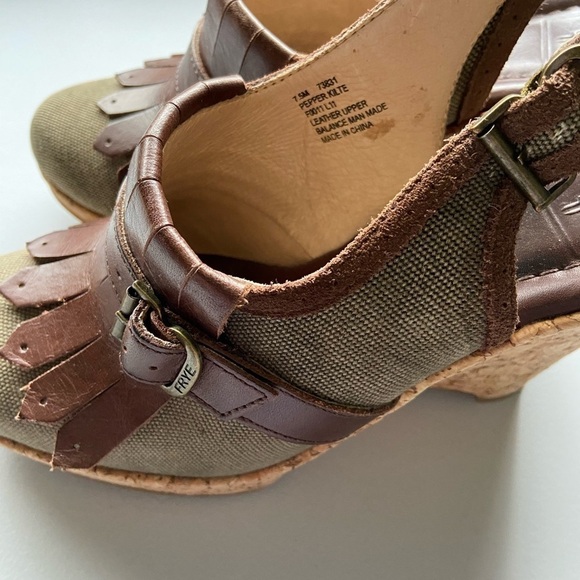 Frye Pepper Kilte Slingbacks Wedges 7.5 Fabric Leather Cork Fringe Heel Women’s - Picture 2 of 12